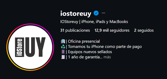 Perfil de Instagram verificado de IOStore UY con 12,9 mil seguidores